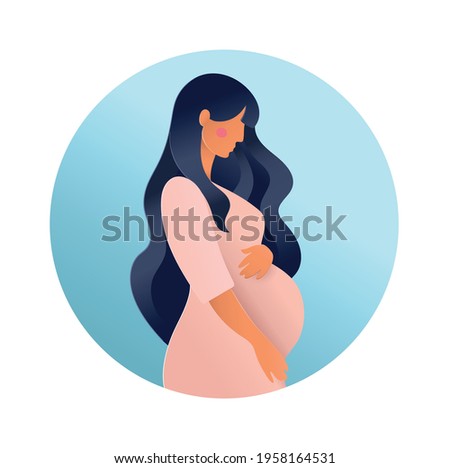 Pregnant woman side view, round pregnancy logo in trendy graphic paper cut craft style. Modern design for poster, banner. Vector illustration isolated on white background.