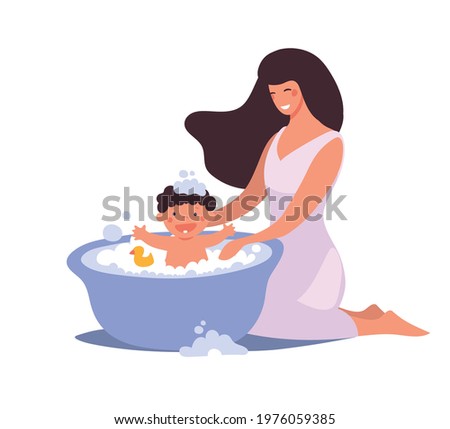 Mom washes the baby in the bathroom. The kid bathes and washes with foam, bubbles and duck. Flat cartoon vector illustration isolated on white background. 商業照片 © 