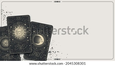 Banner with tarot cards and copy space, place for text, mockup for fortune telling, astrology, zodiac. The Sun, the moon, the star, deck of cards on the table, top view. Vector illustration.