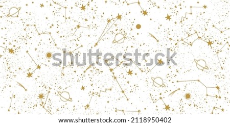 Magical seamless pattern with golden constellations and stars on a white background. Mystical esoteric boho background for fabric design, tarot, astrology, wrapping paper. Vector illustration.