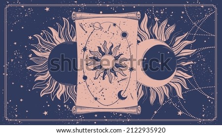 Universe device, boho banner with ancient astronomical scroll, moon and sun. Magic banner for tarot, astrology, esoteric. Vector card, wallpaper, mythological illustration.