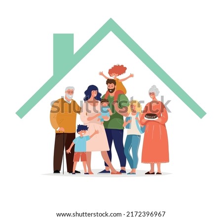 A large family under a roof, several generations of the same family together, grandfathers with grandchildren, a couple with children. Icon for mortgage, caring for loved ones, nursing home. Flat vect