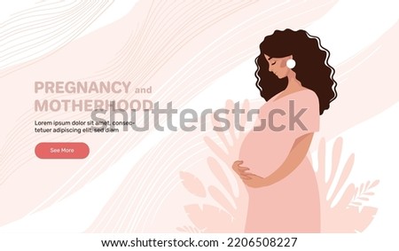 Beautiful pregnant black woman hugging her belly, concept of pregnancy and motherhood, vector illustration for doula, obstetrics, doctor. Modern landing page in flat cartoon design.