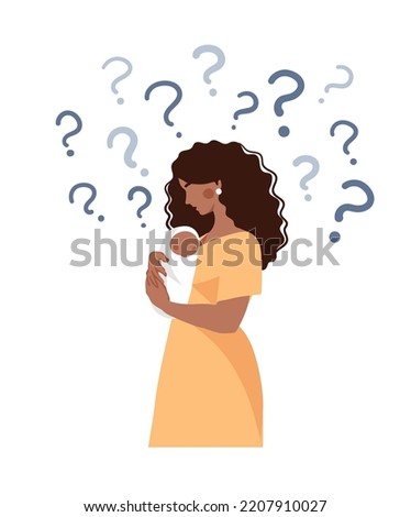 Postpartum depression concept illustration. A black woman hugs a child and thinks, question marks around. Flat vector isolated illustration of pregnancy and motherhood.