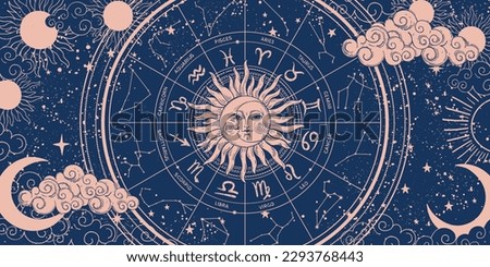 Zodiac wheel on blue background with moon and sun, astrology banner with 12 zodiac signs. Mystical horoscope vector pattern, magical esoteric universe illustration, esoteric hand drawing