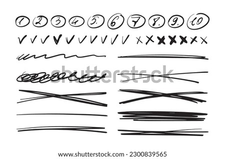 Set of underline lines, scribbles with pen, marker, numbers from 1 to 10, cross and check mark, handwriting text design elements. Vector illustration isolated on white background.