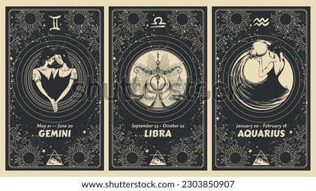 Gemini, Libra, Aquarius zodiac signs, air element, set of mystical astrology cards, horoscope banner with women on black background for stories. Vector boho hand drawing, magic design.