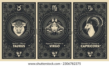 Taurus, virgo, capricorn, earth element zodiac signs, set of astrology cards for stories, horoscope banner, vintage art style, linear hand drawing. Vector illustration on a black background.