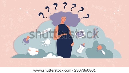 Fears, doubts and difficulties of pregnancy concept banner, question marks around pregnant woman, single mother modern card. Flat cartoon vector illustration.