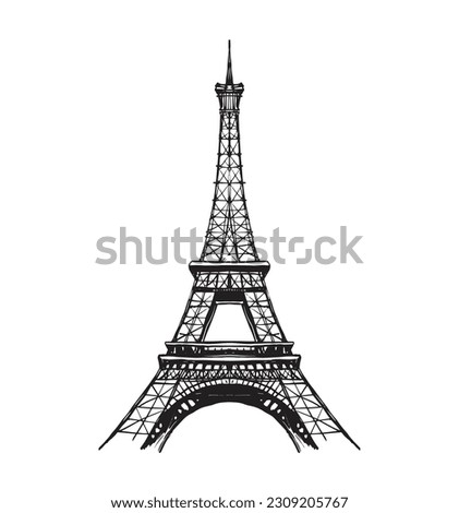 Eiffel tower in France straight view, doodle line sketch, vintage card, symbol of France sticker. Modern engraving on a white background.