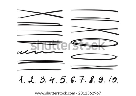 Set of hand drawn scribbles, underline with marker, pen, pencil, handwritten numbers. Black abstract elements for document design, presentation. Vector illustration isolated on white background.