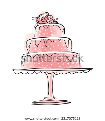 Birthday cake 3 tiers, decor with flower and white chocolate, pink wedding sketch style, hand drawn vector illustration isolated on white background. Logo for a candy store.