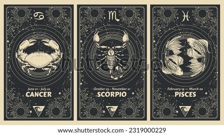 Zodiac signs Cancer, Scorpio, Pisces, water element, mystical astrology card set, horoscope banner with realistic pattern on black background for stories. Vector boho hand drawing, magic design.