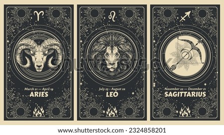 Zodiac signs Aries, Leo, Sagittarius, fire element, mystic astrology card set, horoscope banner with animals on black background for stories. Vector boho hand drawing, magic design.