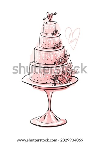 Beautiful wedding cake modern watercolor sketch, tiered birthday cake with a heart topper on a stand. Modern vector illustration isolated on white background.