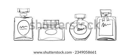 Set of line sketches of different bottles for perfume and cologne. Hand drawing isolated on white background. Eau de toilette packaging collection.