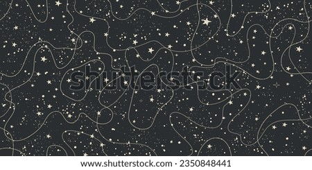 Seamless vintage celestial pattern with stars on black sky, astrological background for zodiac signs, tarot vector art, mystical night for divination. Magic space ornament.
