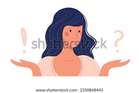 A woman thinks about her choice, yes or no, doubt and depression, question and answer. An exclamation and question mark in the palm of a doubting girl. Flat cartoon vector illustration.