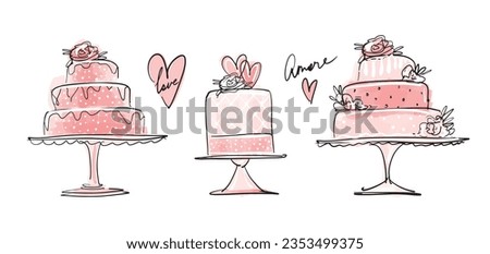 A set of beautiful modern multi-tiered cakes on a stand, card for wedding, birthday, bakery. Modern hand drawing, vintage watercolor card isolated on white background.