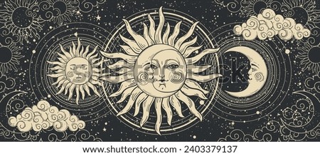 Union of sun and moon, eclipse, mental balance, spiritual marriage, Magical astrology banner, tarot background. Crescent and sun with a face on a black background with stars. Vector illustration