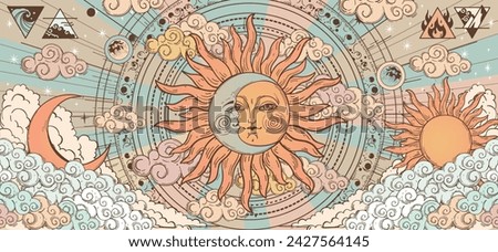 Sun and moon with face, color vintage mystical astrology poster of the structure of the universe, tarot banner, linear retro drawing of the zodiac, horoscope. Vector illustration.