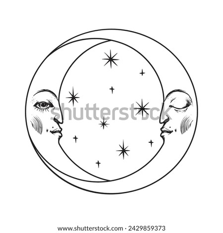Two crescent moon with human face, rising and waning moonh, celestial icon, mystical outline tattoo, vector logo, hand drawn illustration isolated on white background.