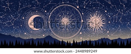 Mystical astrology banner, wheel with zodiac signs on the background of a night landscape, esoteric fortune telling poster. Vector illustration.