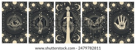 Set of magical celestial illustrations, goddess with sun and moon symbols, all-seeing eye, palm reading, vintage background for witch, astrology, esotericism. Vector.