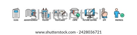 Print banner web icon set vector illustration concept with icon of flyer, advertisement, brochure, poster, postcards, cmyk, picture editing, dtp, and prepress