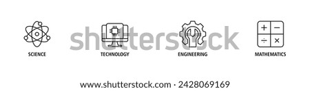 STEM banner web icon set vector illustration concept for science, technology, engineering, mathematics education with icon of flask, microscope, AI, processor, machine, and calculator