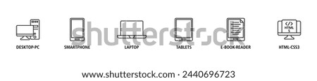 Responsive web design banner web icon set vector illustration concept with icon of desktop-pc, smartphone, laptop, tablets, e-book-reader and html5-css3