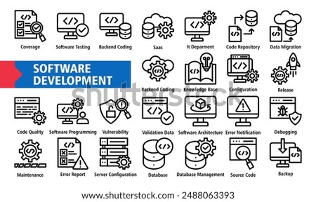 Web Software Development Icon Set. Containing  Technology, Backend Coding, Software Testing, Coverage, Data Base, Data Migration, Configuration, Release, Software Programming Icon, Simple line vector