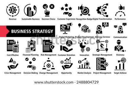 Business Strategy web icon set vector illustration. Containing Sustainable Business, Revenue, Customer Experience, Decision Choice, Digital Transformation, Strategic Management, Simple flat vector.