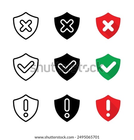 Protection, Unprotection and Notice icon set , green shield checkmark, red shield cross and red shield exclamation mark, simple line art, black and flat vector illustration