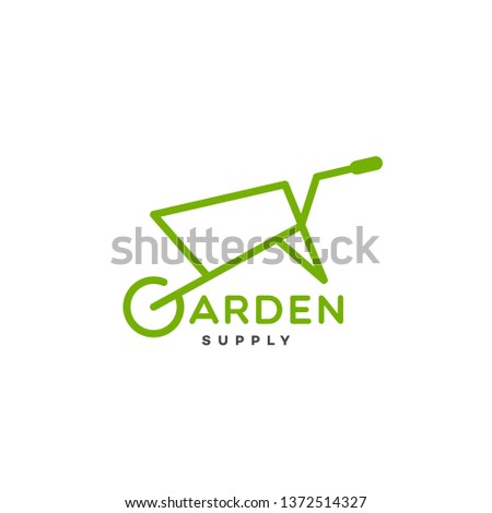 Garden supply lettering logo design template with wheelbarrow. Vector illustration.