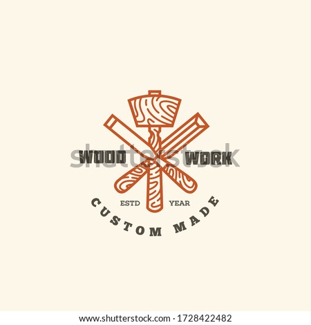 Logo design template with two chisels and mallet for wood shop, carpentry, woodworkers, wood working industry. Linear style. Vector illustration.