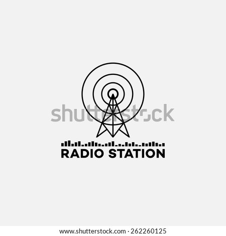 Template for logos, labels and emblems in outline style with radio tower and equalizer. Black and white. Vector illustration.