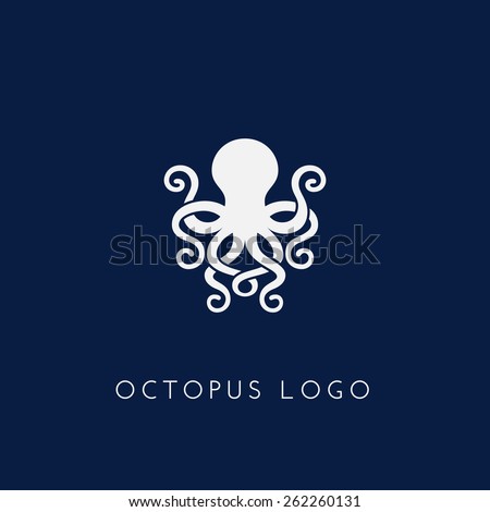 Template for logos, labels and emblems with white silhouette of octopus. Vector illustration.