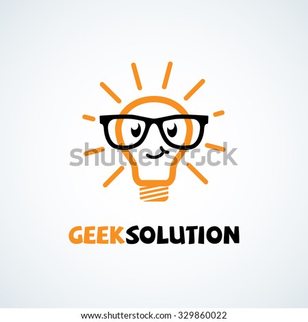 Geek logo design template with light bulb in glasses. Vector illustration.