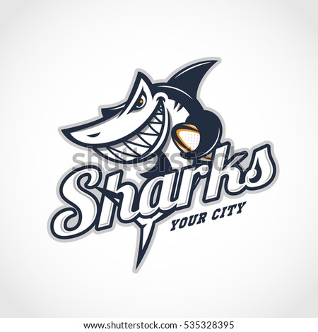 Angry shark mascot for a rugby team with a title. Vector illustration.