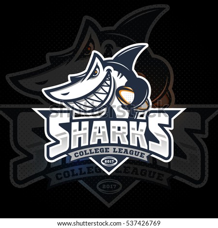 Angry shark mascot for a rugby team on a dark background. Vector illustration.