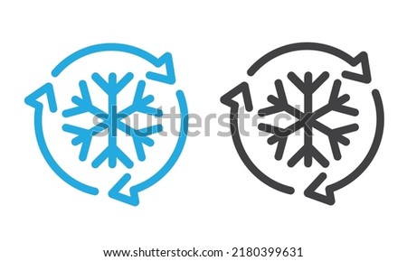 Freezer control icon, auto cooling or defrost, conditioning car or house, snowflake with two rotation arrows,.