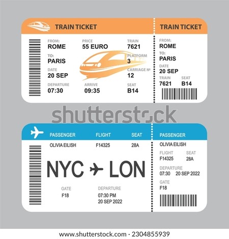 Realistic airline and train ticket design - icon, vector.