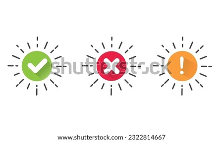 Set of flat round check mark, exclamation point, X mark icons.