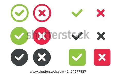 Check and wrong icons set of check marks. Green tick, red cross, black tick and cross. Yes or no - Vector