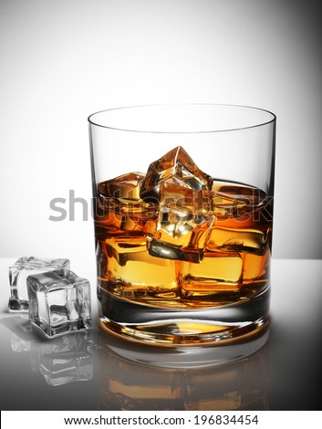 glass of whiskey with ice cubes
