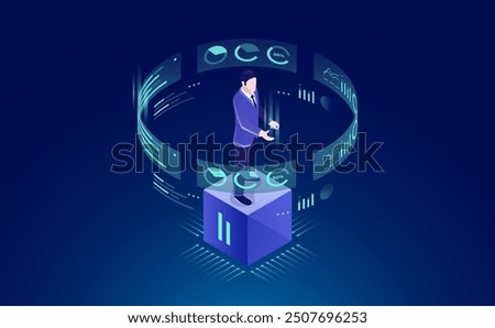 Big Data Chart Analysis in Server Room: Man looks at graphic chart, Business Admin with Virtual Reality Interface, Neon Isometric Illustration