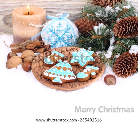 Christmas cookies and fir-tree branches with cones in snow on a white background.