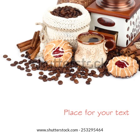 Cup of fragrant coffee, the coffee grinder, coffee grains in a knitted bag and cookies on a white background.