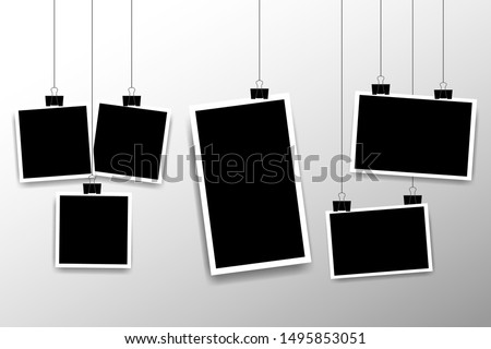 Blank photo frame set hanging on a clip. Retro vintage style. Vertical and horizontal photo design template. Black empty place for your text or photo